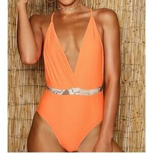 NWT Boohoo US Sz 6 Neon Orange Snake Belted Swimsuit Sexy Bright